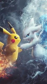 Electric and ice creature duel amid fire and water storm.