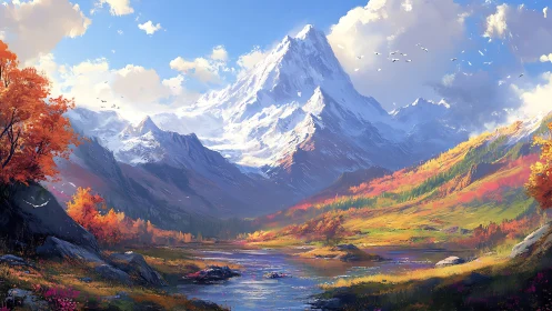 Golden autumn valley rests beneath a peaceful snowy peak