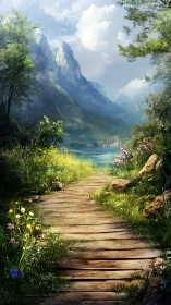 Mountain lake path under bright clouds and wildflowers.