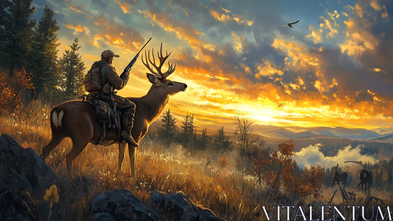 Sunrise rider and stag pause in a glowing mountain meadow.