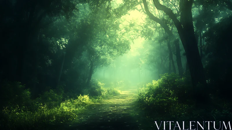 Luminescent Forest Corridor with Atmospheric Light Rays and Verdant Canopy