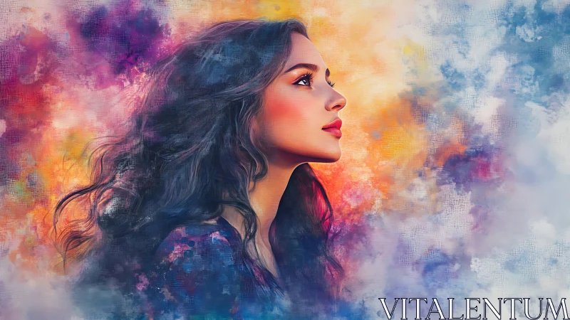 Profile portrait studies woman within vivid abstract clouds