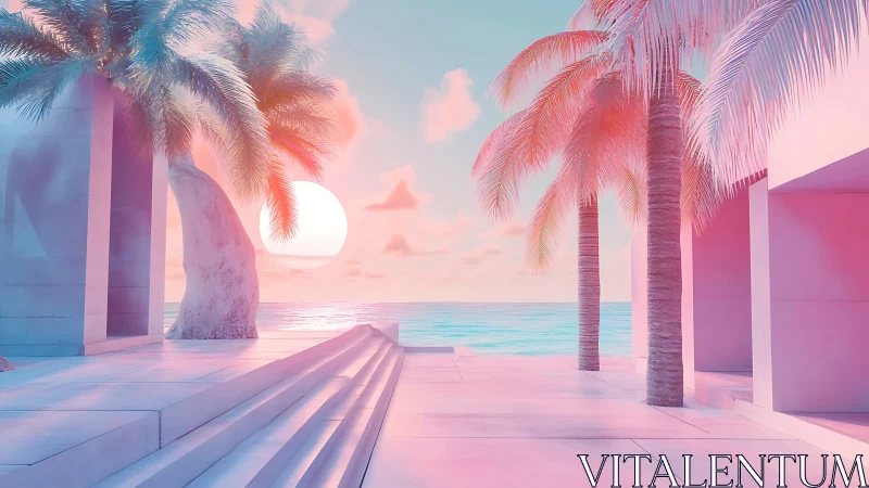 Pastel coastal terrace with surreal palm-lined sunset glow.