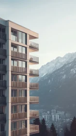 Modern mountain apartment tower overlooks misty alpine city