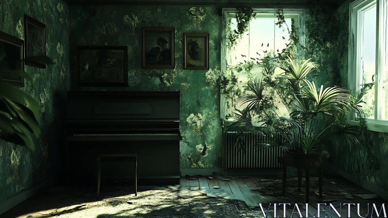 Sunlit abandoned piano room slowly reclaimed by lush nature