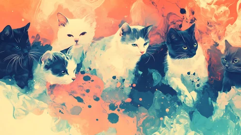 Multiple Cats in Abstract Color Wash.