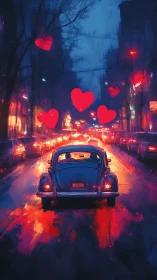 Neon Hearts Light the Way on a Romantic Night Drive