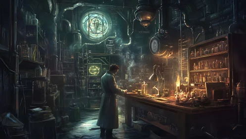 Solitary alchemist studies arcane science in a dusk-lit lab.