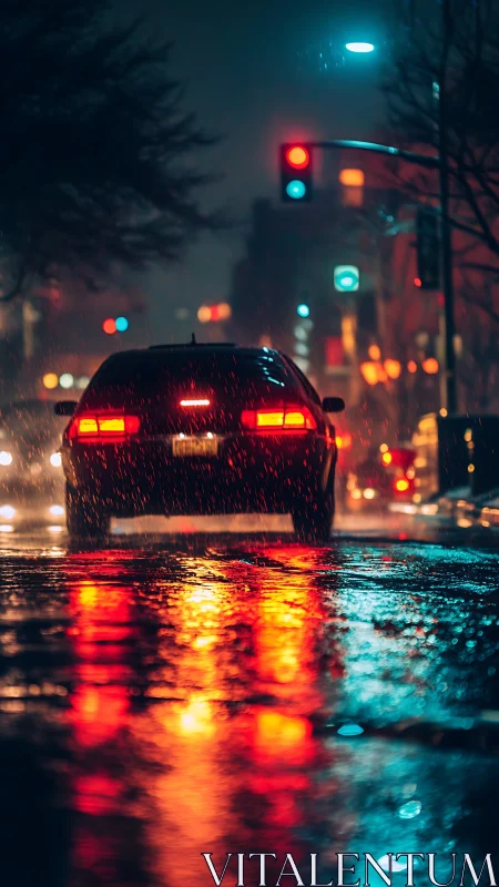Rainy city streetlights reflected in the glow of a lone car.