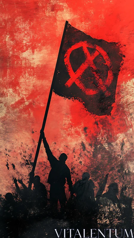 Silhouetted protest crowd with distressed red anarchist flag