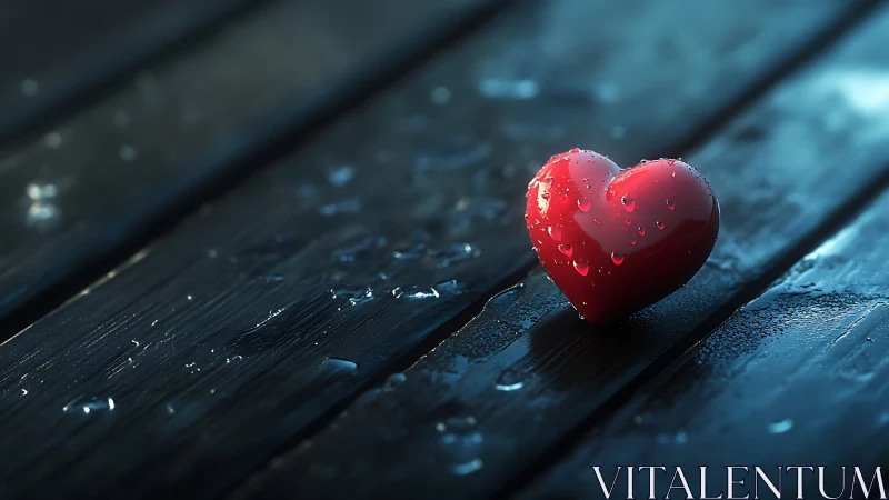 A Glistening Red Heart Rests on Wet, Weathered Wood