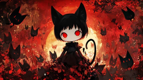 Red-eyed cat girl stands before a burning moonlit forest