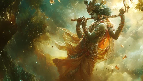 Divine flutist drifts through golden cosmic clouds in bliss