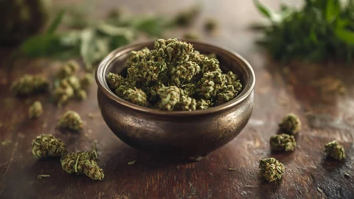 Dried cannabis buds in rustic metal bowl on wooden surface.