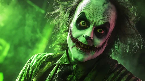 Grinning green clown figure stares into camera under haze