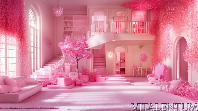 Monochromatic pink interior with balcony and staircases.