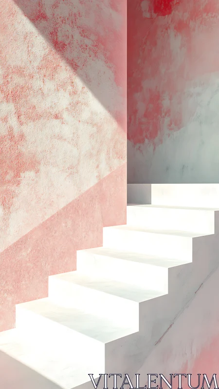 Minimal white staircase against textured pink walls. Period.