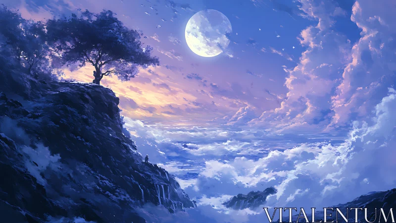 Moonlit cliffscape overlooks a luminous sea of clouds.