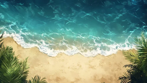 Gentle turquoise waves drift onto a sunlit sandy shore