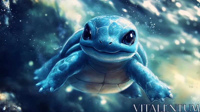 Blue cartoon sea turtle swims underwater toward camera