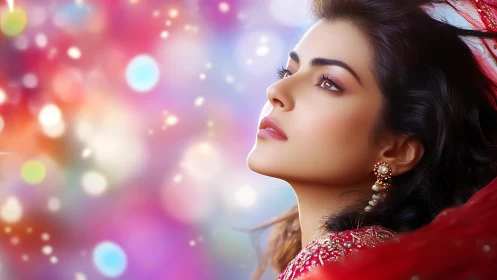 Profile portrait of woman against colorful blurred lights.