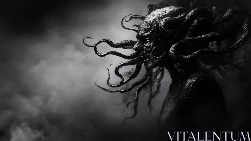 Tentacled humanoid profile in monochrome atmospheric haze.