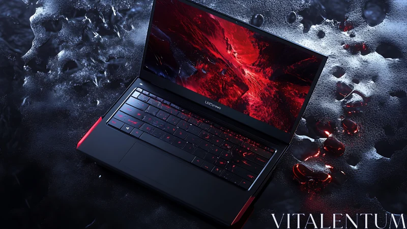 Gaming laptop glows over wet metallic surface with red light