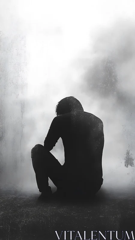 Silhouette of seated person viewed from behind in fog