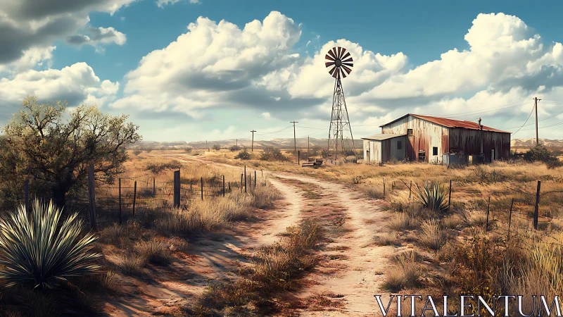 Rural dirt road with windmill and weathered metal barn.