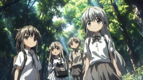 Schoolgirls traverse sunlit forest with volumetric anime lighting