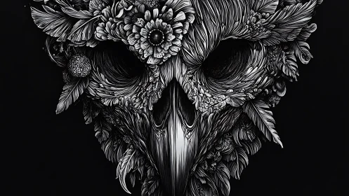 Floral raven skull illustration with ornate monochrome detail.