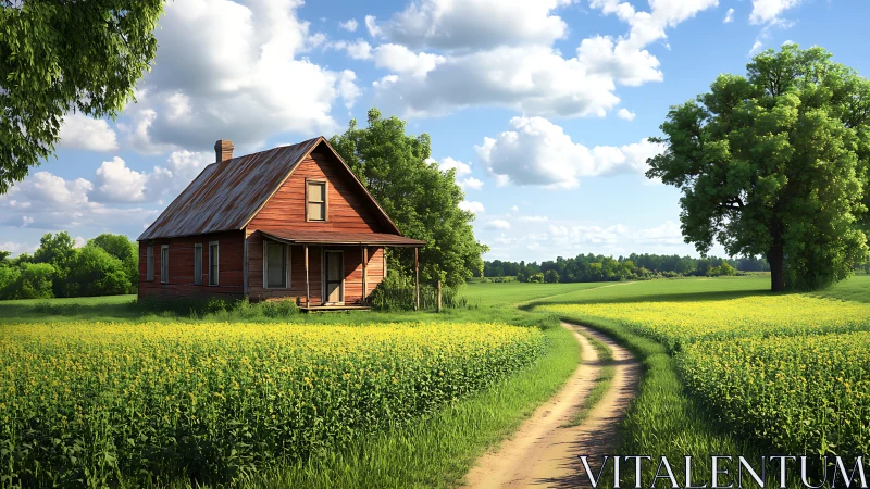 Photorealistic rural farmhouse amid flowering fields at sunrise.