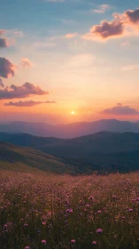 Telephoto sunset over alpine wildflower meadow and soft ridges.