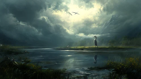 Storm-lit alpine wetland with solitary heron and reflective lake