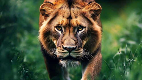Male lion advances through grass with intense frontal gaze