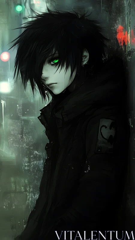 Green-eyed loner rests quietly in a rain-soaked city alley
