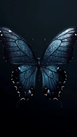 Blue butterfly with speckled wings on dark background.