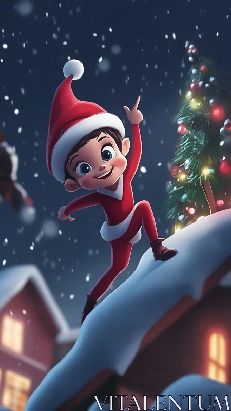 Joyful child in Santa suit dances atop snowy rooftop