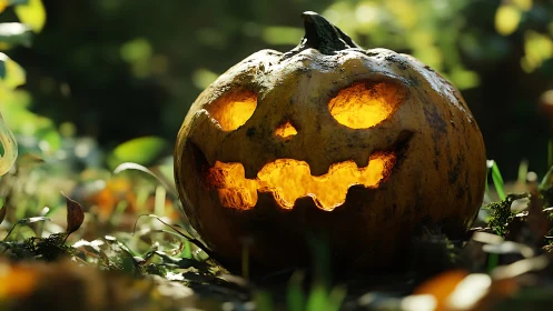 Glowing jack-o’-lantern smiles warmly in a sunlit forest floor