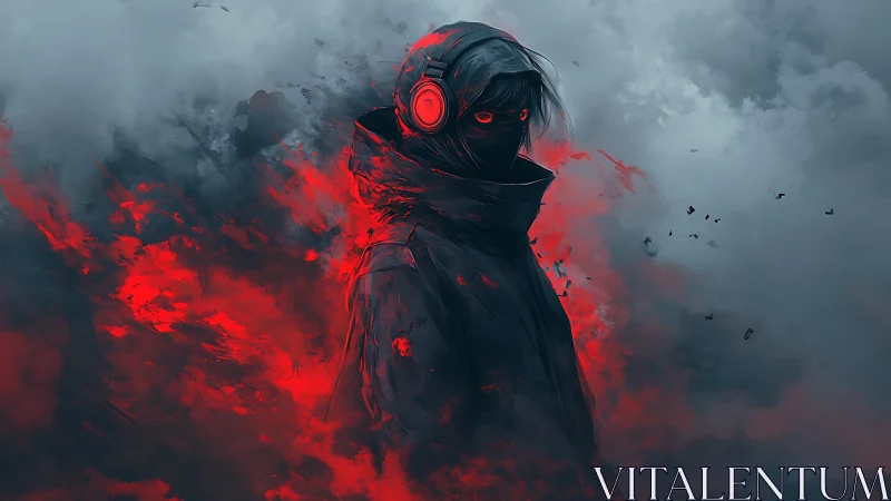 Hooded cyberpunk figure with red aura in stormy haze.