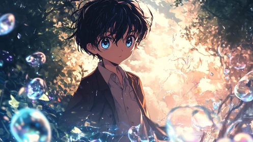 Youth with blue eyes standing in luminous woodland scene.
