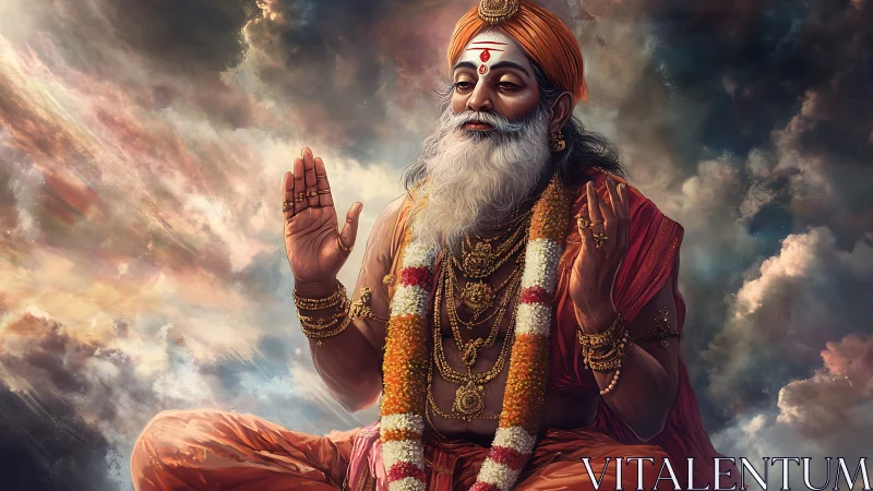 Serene Hindu sage meditates in radiant celestial clouds