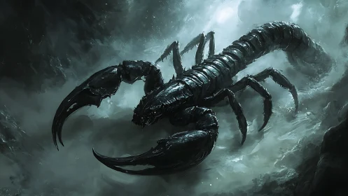 Colossal shadow scorpion stalks through a stormy mist