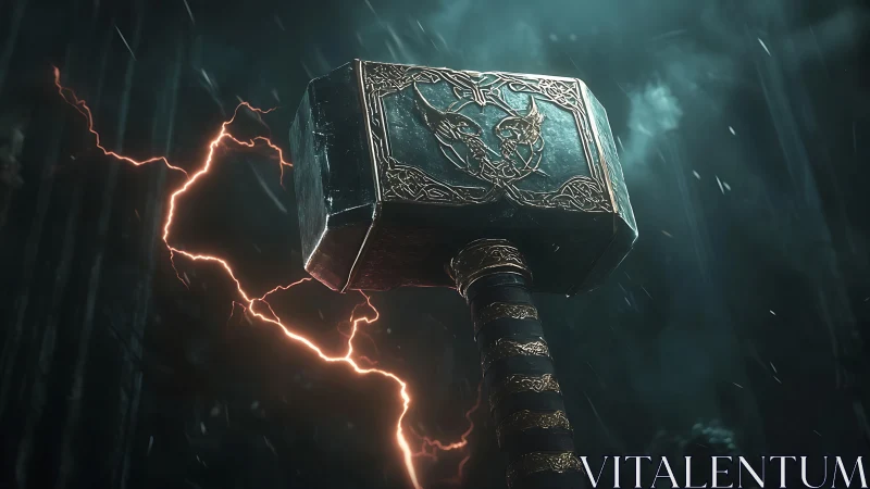 Hammer with carved metal head suspended amid lightning arcs