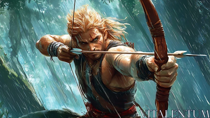 Stormlit archer poised between rain, focus, and motion.