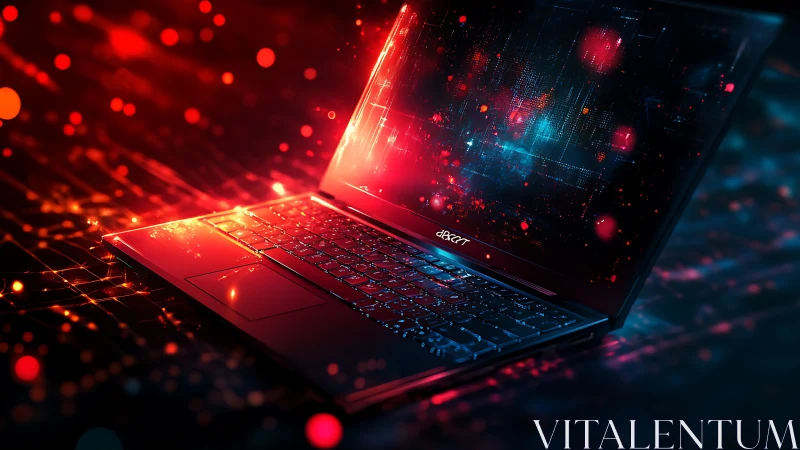 Neon-lit laptop streaming digital constellations of data.