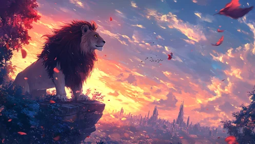 Lion on cliff at sunset above distant fantasy city.