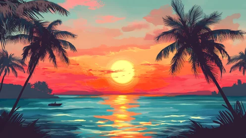 Tropical sunset seascape with silhouetted palms and boat.