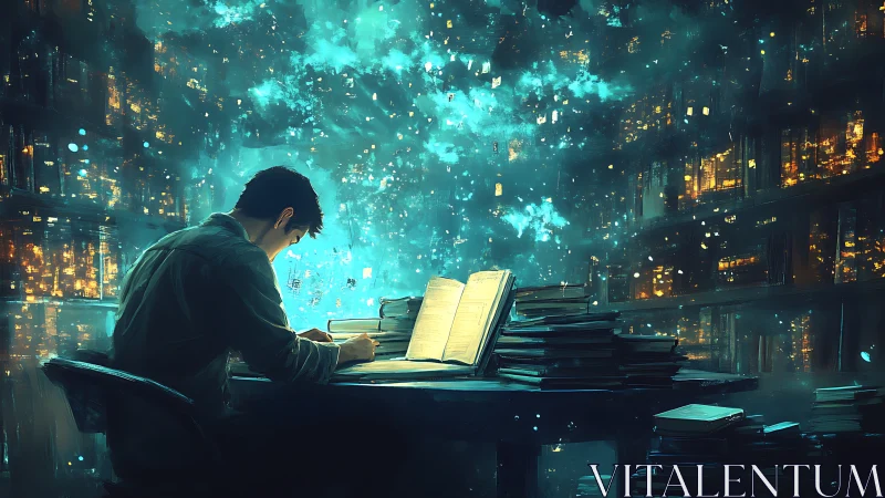 Focused student studying at desk in glowing fantasy library.