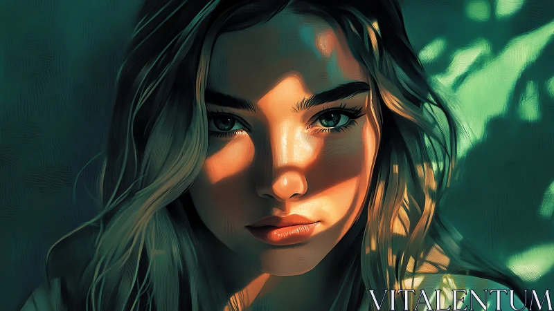 Sunlit portrait casts bold shadows across intense gaze.